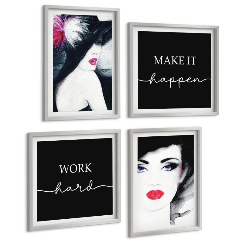 Galeria 4 Obrazów ArtPrintCave (2x50x50+2x40x60cm) Srebrna rama Portrety kobiet z ustami 1 kpl.