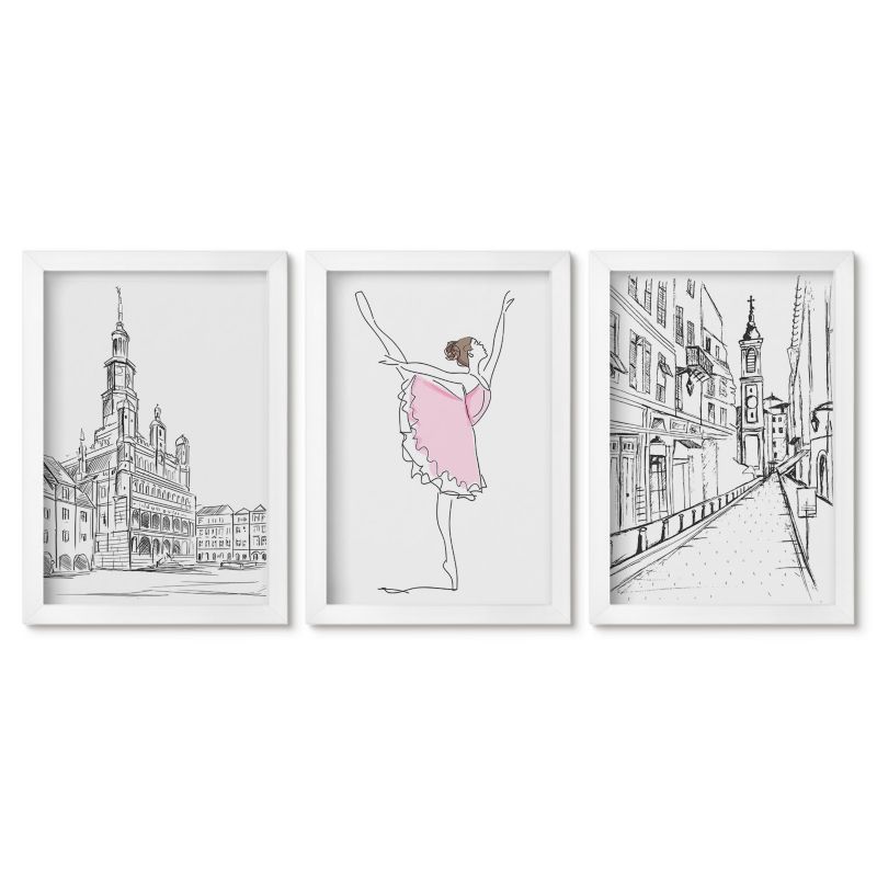Trzy obrazy w białej ramie zestaw Tulup 20x30 cm Stylowe baletnice i architektura Galeria ścienna 1 kpl