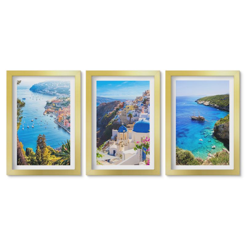Tryptyk w złotej ramie Tulup 20x30 cm Greckie widoki Santorini Oia Stylowa galeria nad biurko 1 kpl
