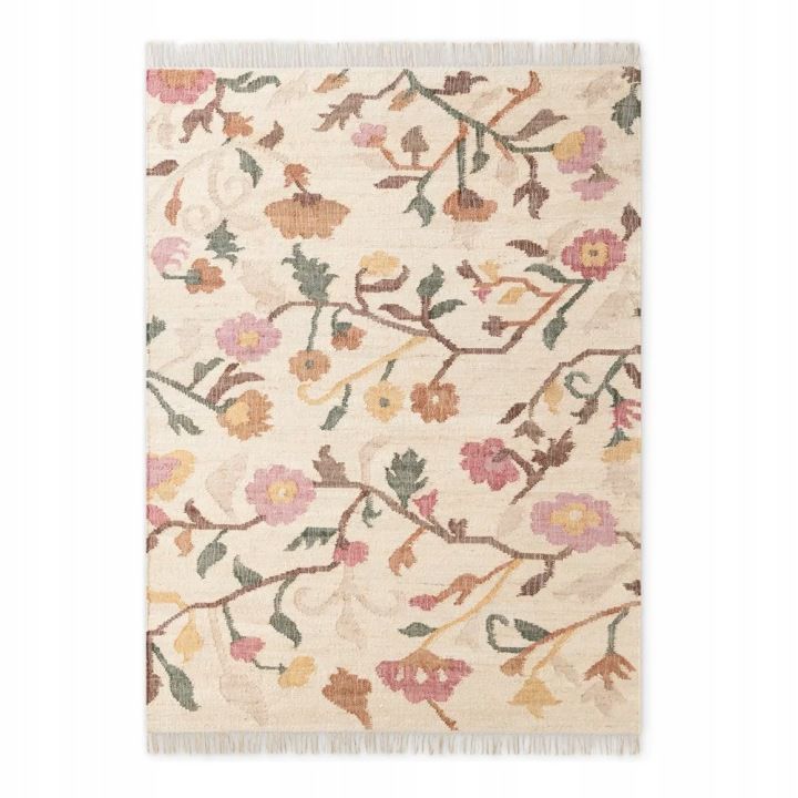 Dywan Elle Decoration 160x230, kolorowy w kwiaty, z frędzlami, tkany ręcznie, do salonu, 1 szt.