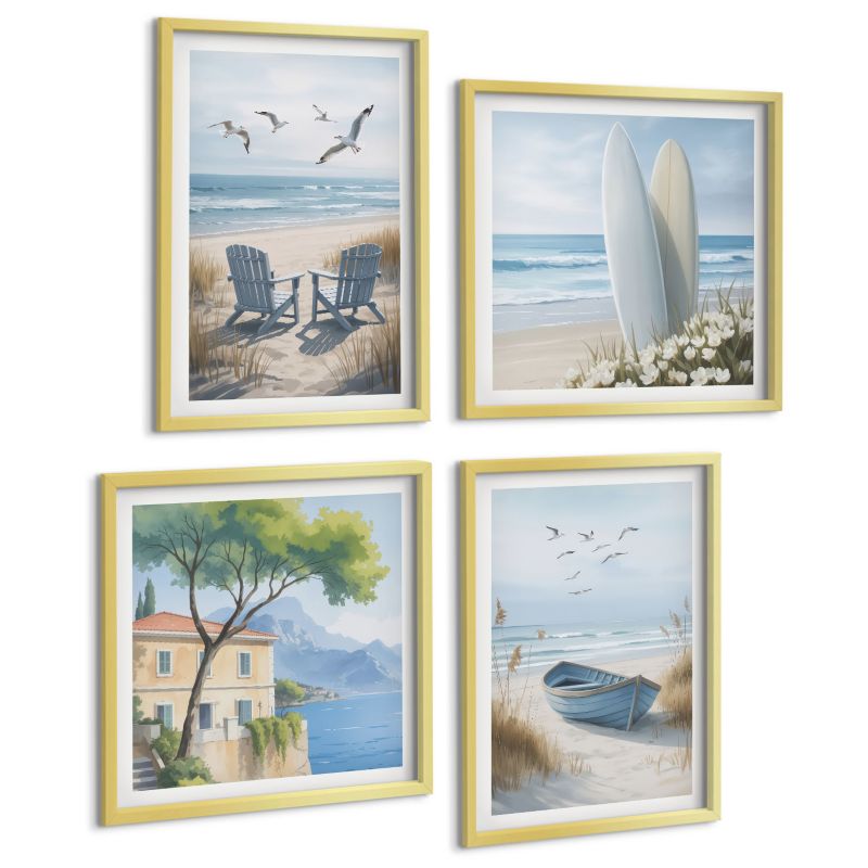 Zestaw Obrazów 4 Częściowy ArtPrintCave (2x50x50+2x40x60cm) Złota rama Plaża deski surf łódź ptaki 1 kpl.