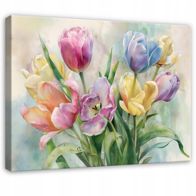 Obraz WALLARENA Do Sypialni Salonu Na Płótnie Kwiaty Akwarela Tulipany Kolorowy 60x40 cm PP16593O4 1 szt.