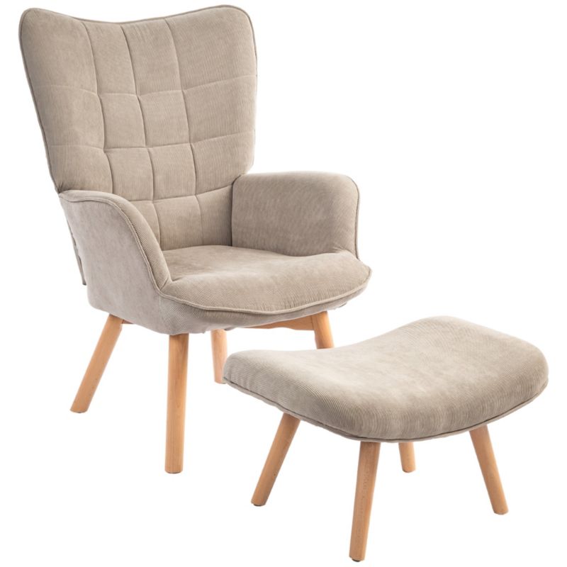 Fotel wypoczynkowy Artdesign w stylu skandynawskim sztruksowa tkanina jasnobrązowy z podnóżkiem bukowe nogi elegancki 1 szt.