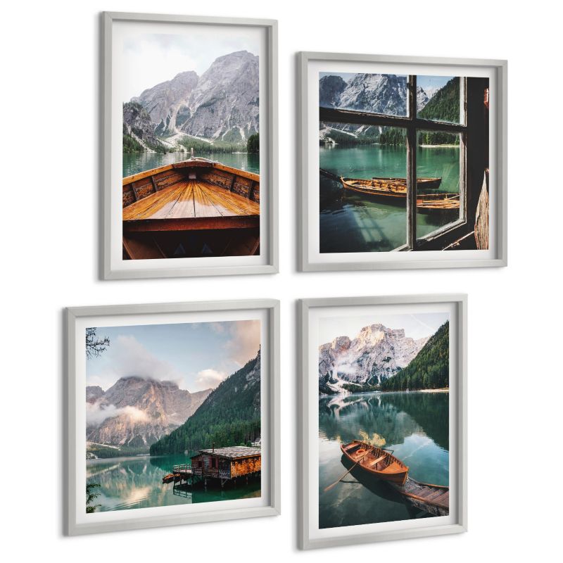 Galeria 4 Obrazów ArtPrintCave (2x50x50+2x40x60cm) Srebrna rama Jezioro góry łodzie chata okno 1 kpl.