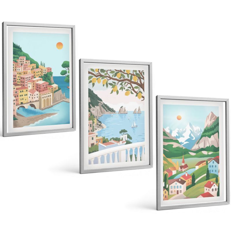 Galeria 3 Obrazów w Srebrnej Ramie ArtPrintCave 40x60 cm Komplet ścienny Widoki nadmorskie pastelowe 1 kpl.
