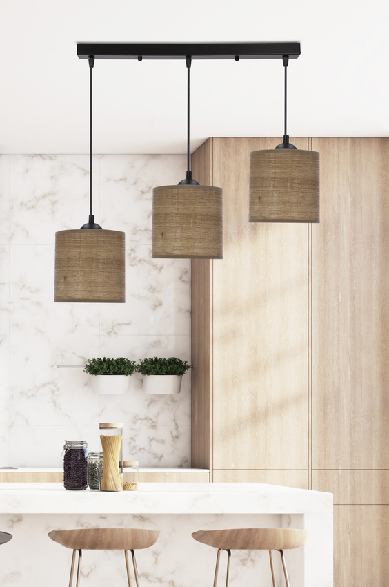Brązowa lampa wisząca 3-punktowa do salonu LEGNO orzechowy abażur
