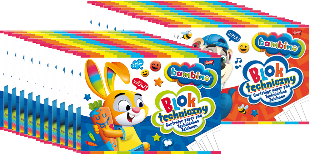 40x Blok techniczny Bambino Zwierzaki Uczniaki, A4, 10 kartek, biały