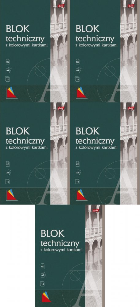 5x Blok techniczny Unipap, A4, 10 kartek, kolorowy, barwiony w masie