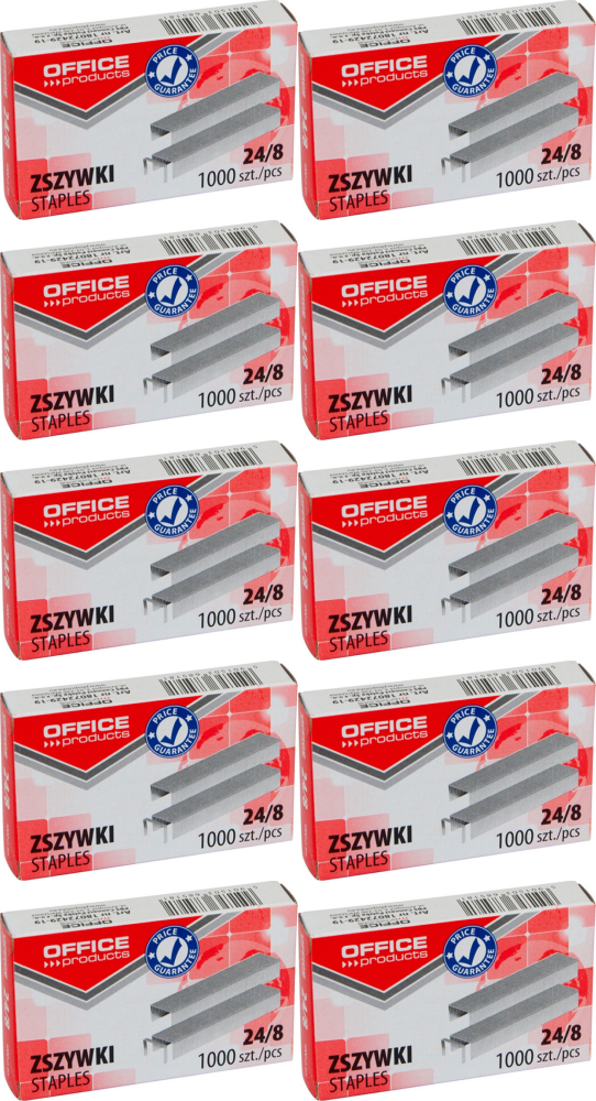 10x Zszywki Office Products 24/8, 1000 sztuk, srebrny