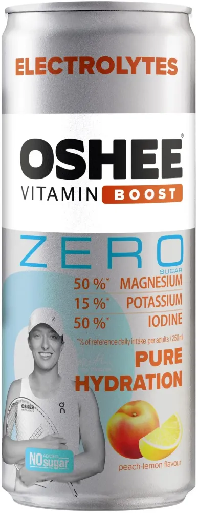 Napój gazowany Oshee Vitamin Boost ZERO Elektrolity, brzoskwinia/cytryna, puszka, 250ml, KAUCJA