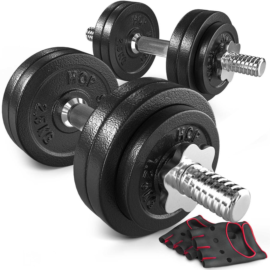 Činky litinové nakládací jednoruční set 2x15kg + rukavice