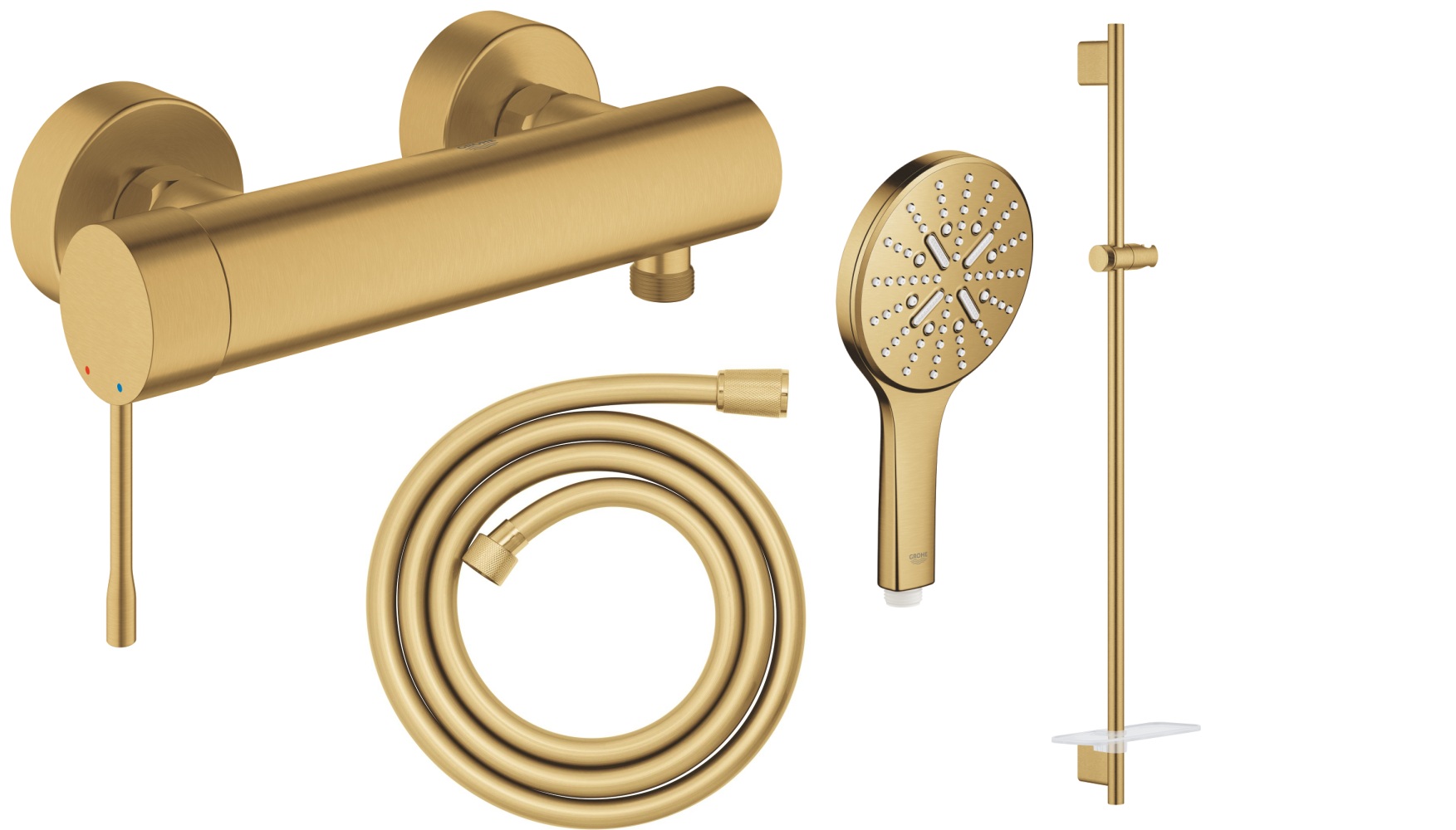 Zestaw Grohe Essence bateria prysznicowa ścienna z kompletem prysznicowym brushed cool sunrise (33636GN1, 26603GN0, 28388GL1, 26574GN0)