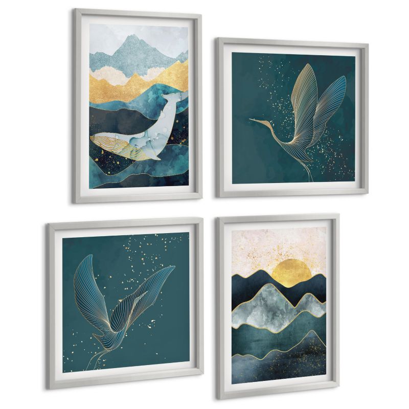 Zestaw 4 Obrazów ArtPrintCave (2x50x50+2x40x60cm) Srebrna rama Abstrakcyjne góry żurawie 1 kpl.