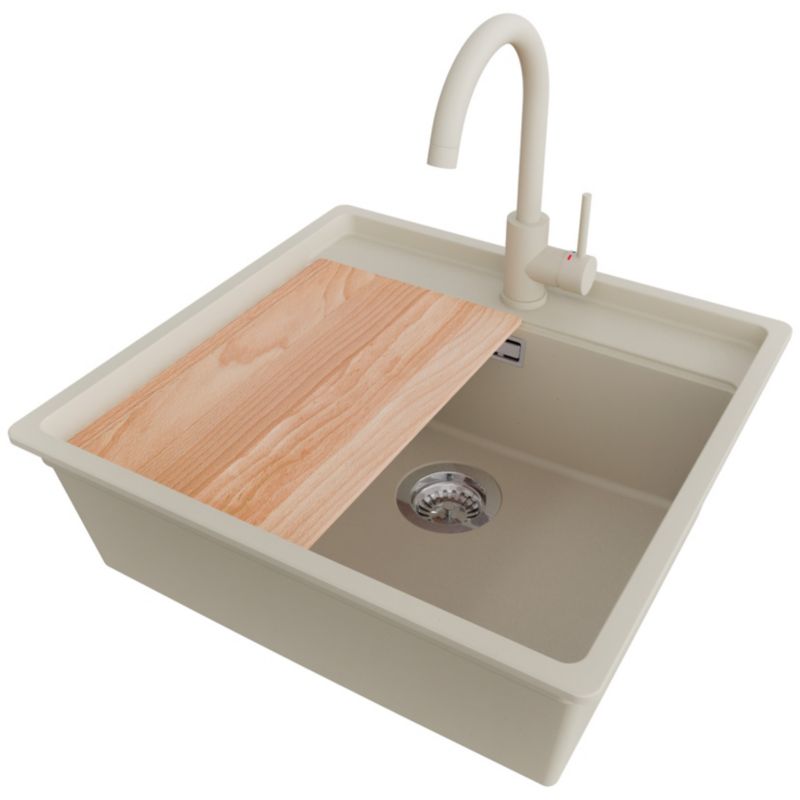 Zlewozmywak podblatowy Bergen Low Cut Top PRIMAGRAN 56x53cm do Szafki od 60cm, Beżowy + Bateria + Syfon + Deska, S089, 1 szt.