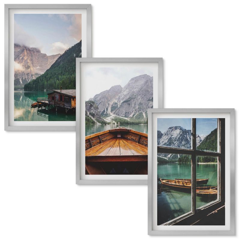 Tryptyk w Ramie Wallfluent Górskie jezioro łódź domki Srebrna rama 40x60 cm 3 szt.