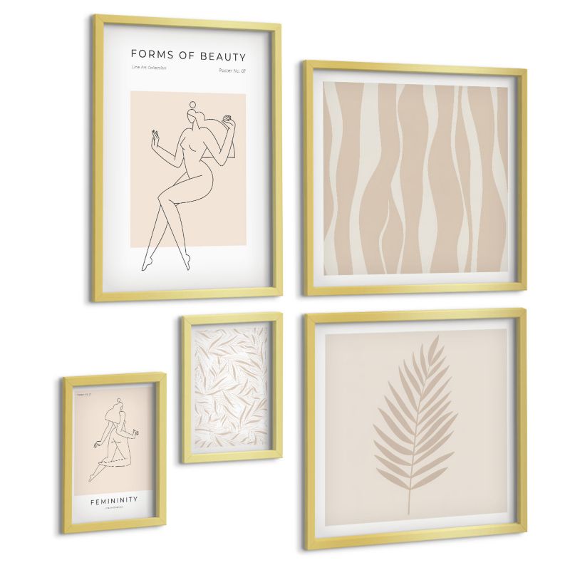 Zestaw Obrazów 5 Częściowy ArtPrintCave (2x50x50+2x20x30+40x60cm) Złota rama Motywy minimalistyczne roślinne 1 kpl.