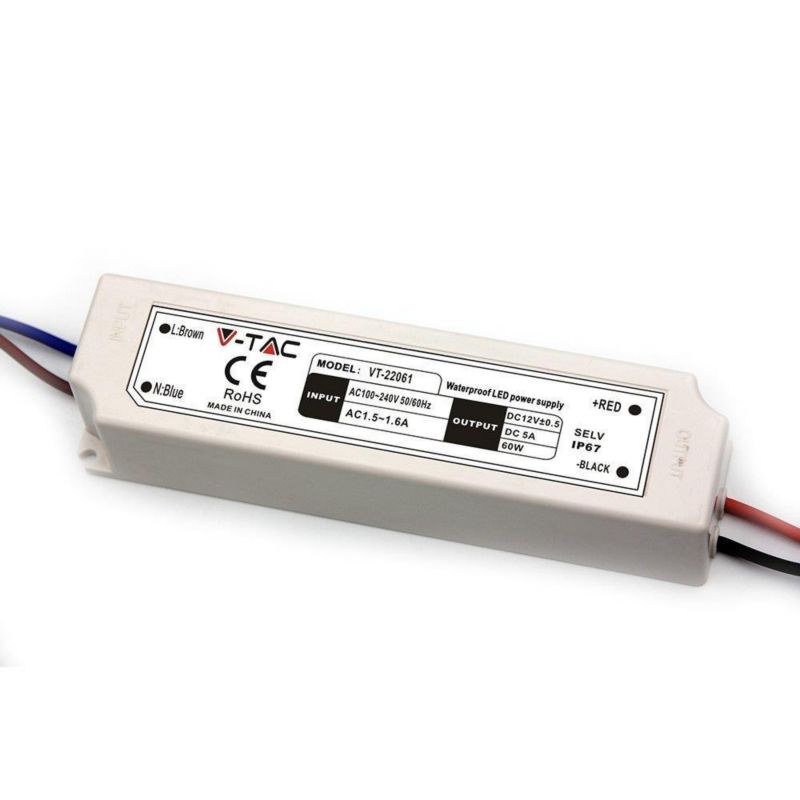 Zasilacz transformator do LED V-TAC moc 60W output 12V DC stałonapięciowy IP67 - 1 szt