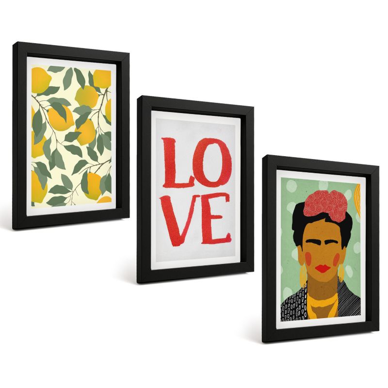 Zestaw Obrazów 3 Częściowy ArtPrintCave Czarne Ramki 20x30 cm Dekoracja do Sypialni Cytryny LOVE portret Fridy 1 kpl.