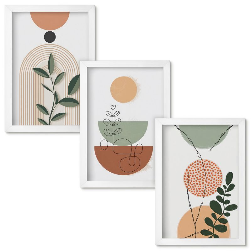 Zestaw Obrazów w Ramie Wallfluent Abstrakcyjne roślinne kształty Biała rama 20x30cm 3 szt.