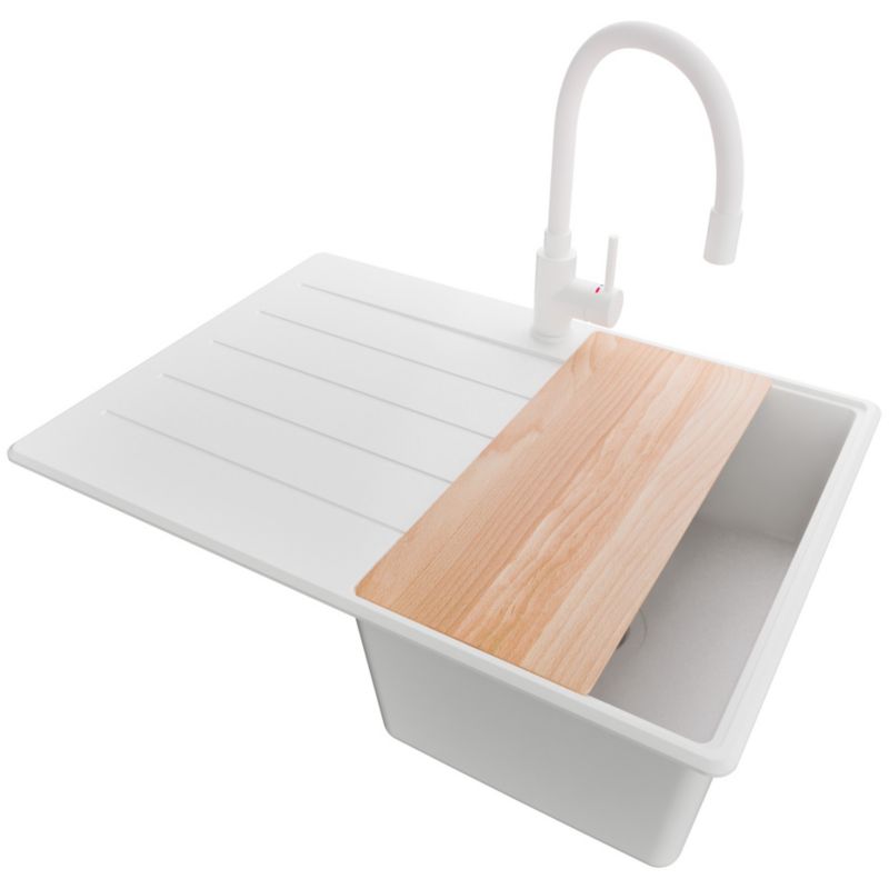 Zlewozmywak Granitowy Kopenhaga Top PRIMAGRAN Nablatowy 70x50cm, Cały Biały + Bateria + Syfon + Akcesorium, S180, 1 szt.