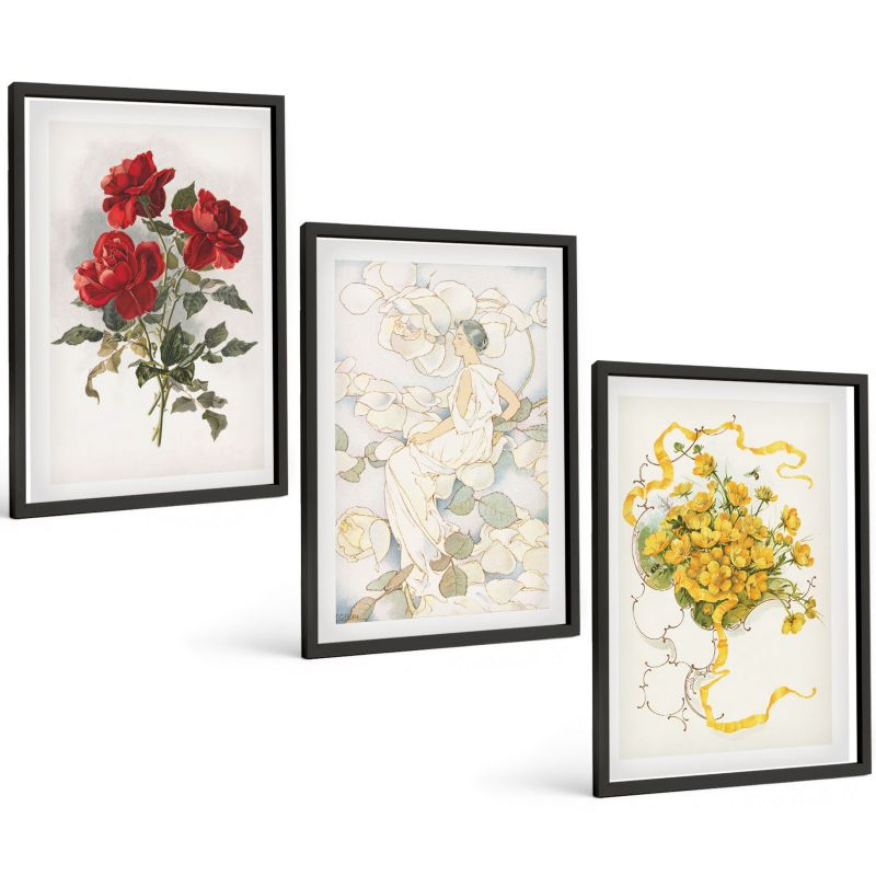 Zestaw Obrazów 3 Częściowy ArtPrintCave Czarne Ramki 40x60 cm Dekoracja do Sypialni Róże czerwień Czarna postać 1 kpl.