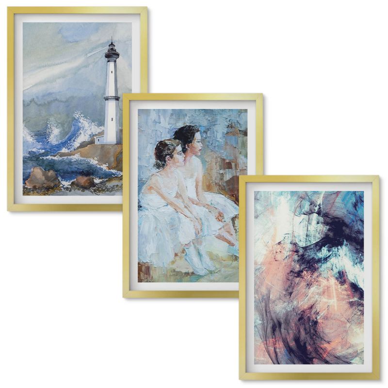 Tryptyk w Ramie Wallfluent Latarnia morska abstrakcja tancerki Złota rama 40x60 cm 3 szt.