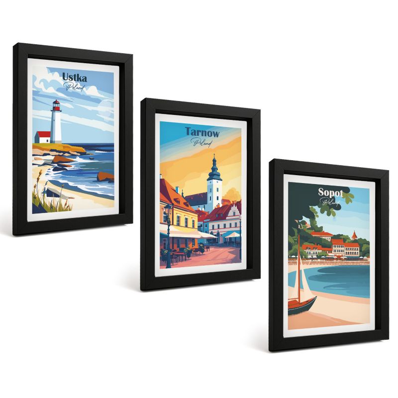 Trzyczęściowy Zestaw Obrazów ArtPrintCave 20x30 cm Czarna rama Widoki miast Ustka Tarnów Sopot 1 kpl.