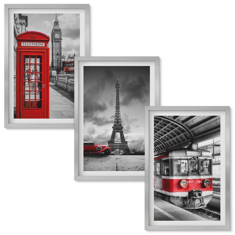 Obraz Ścienny Zestaw Wallfluent Ikony Londyn Paryż transport Srebrna rama 40x60 cm 3 szt.