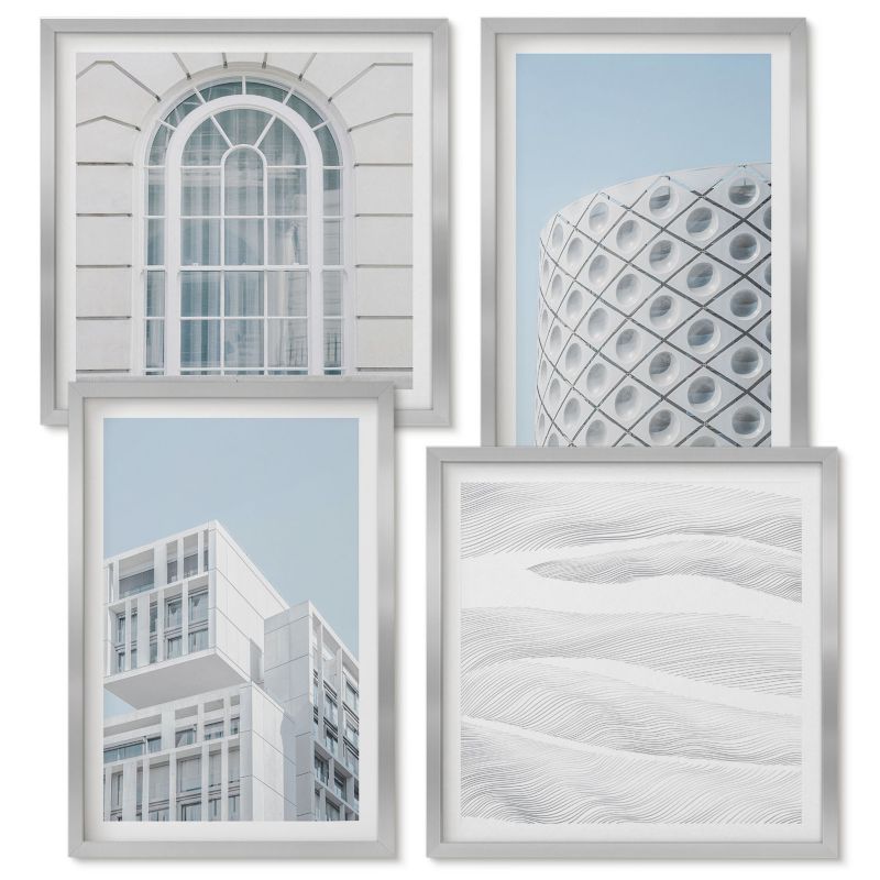 Tetraptyk Na Ścianę Wallfluent Nowoczesna architektura geometria Srebrna rama 4 szt.