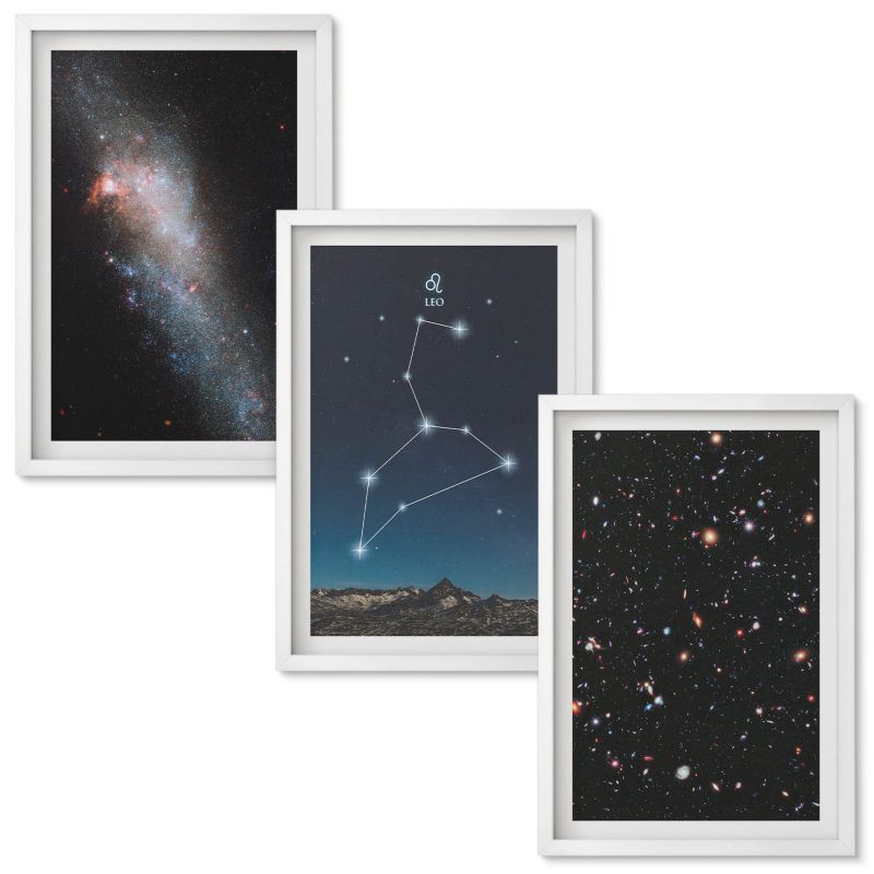 Tryptyk Obrazów w Ramie Wallfluent Galaktyka konstelacja Lwa Biała rama 40x60 cm 3 szt.