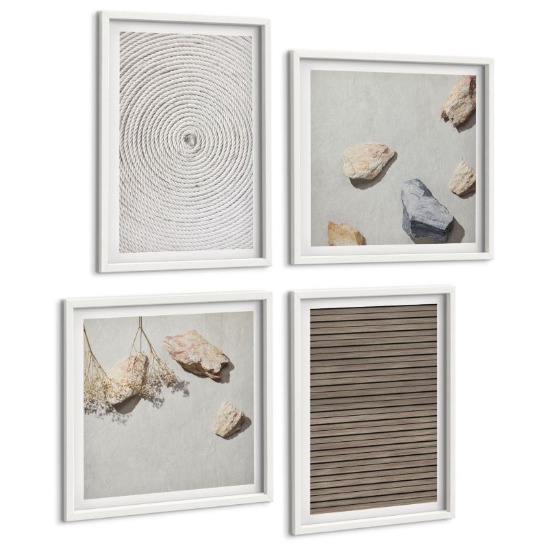 Czteroczęściowy Zestaw Obrazów ArtPrintCave (2x50x50+2x40x60cm) Biała rama Naturalne tekstury drewno kamienie 1 kpl.