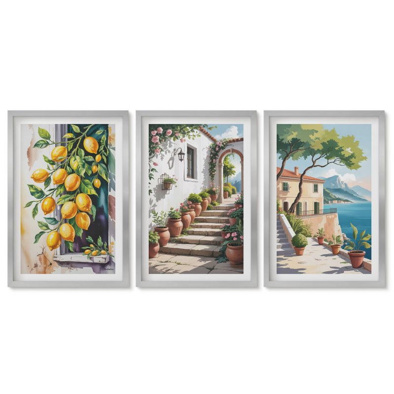 Trzy obrazy w srebrnej ramie zestaw Tulup 40x60 cm Cytryny kwiaty widoki morze Obrazy w srebrnej ramie 1 kpl