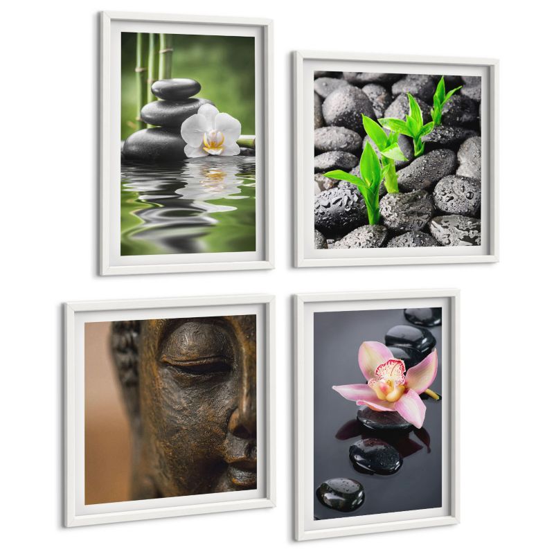 Zestaw Obrazów 4 Częściowy ArtPrintCave (2x50x50+2x40x60cm) Biała rama Spokojna kompozycja zen kwiaty Budda 1 kpl.