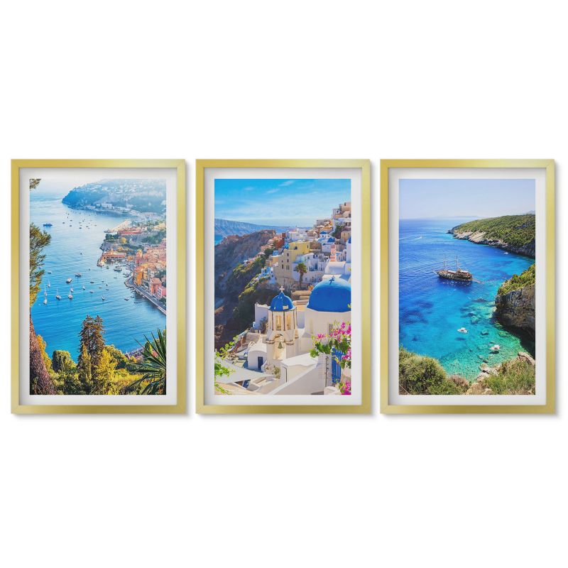 Tryptyk w złotej ramie Tulup 40x60 cm Greckie widoki Santorini Oia Stylowa galeria nad biurko 1 kpl
