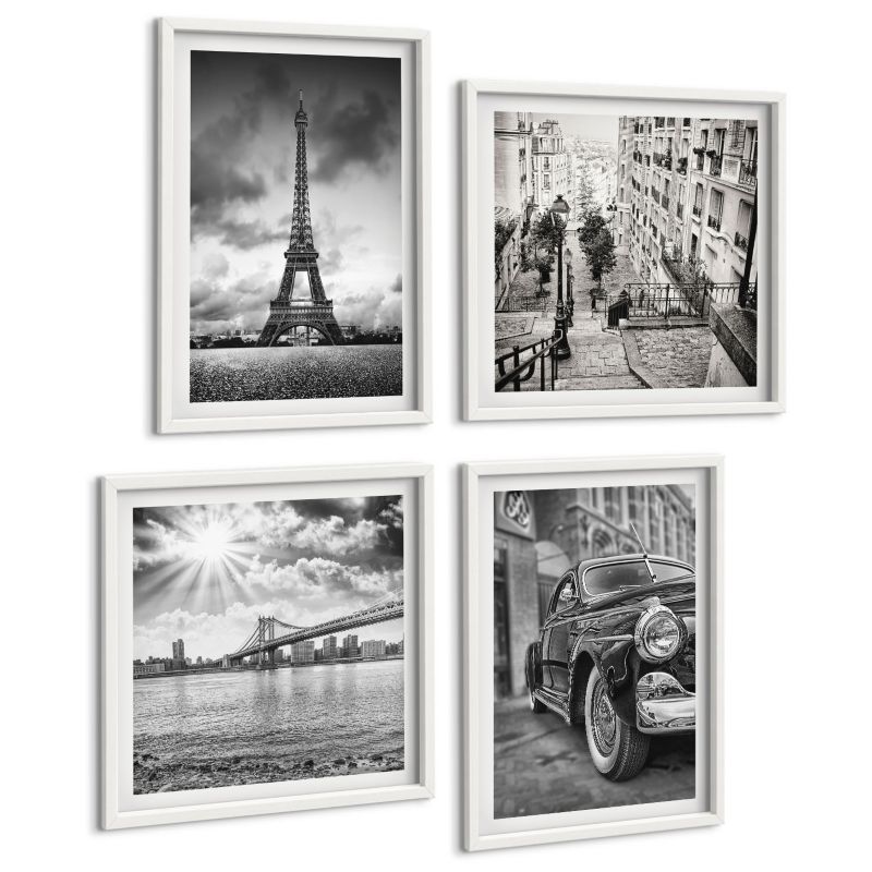 Komplet 4 Obrazów ArtPrintCave (2x50x50+2x40x60cm) Biała rama Widoki miasta mosty wieża Eiffla auto 1 kpl.