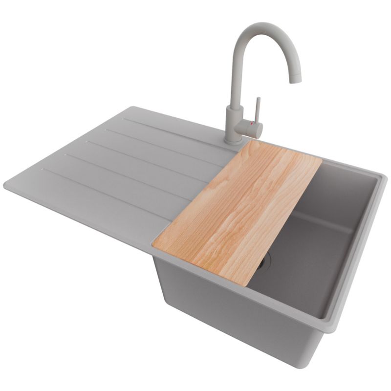 Zlewozmywak Granitowy Kopenhaga Top PRIMAGRAN Nablatowy 78x50cm, Cały Szary + Bateria + Syfon + Akcesorium, S354, 1 szt.