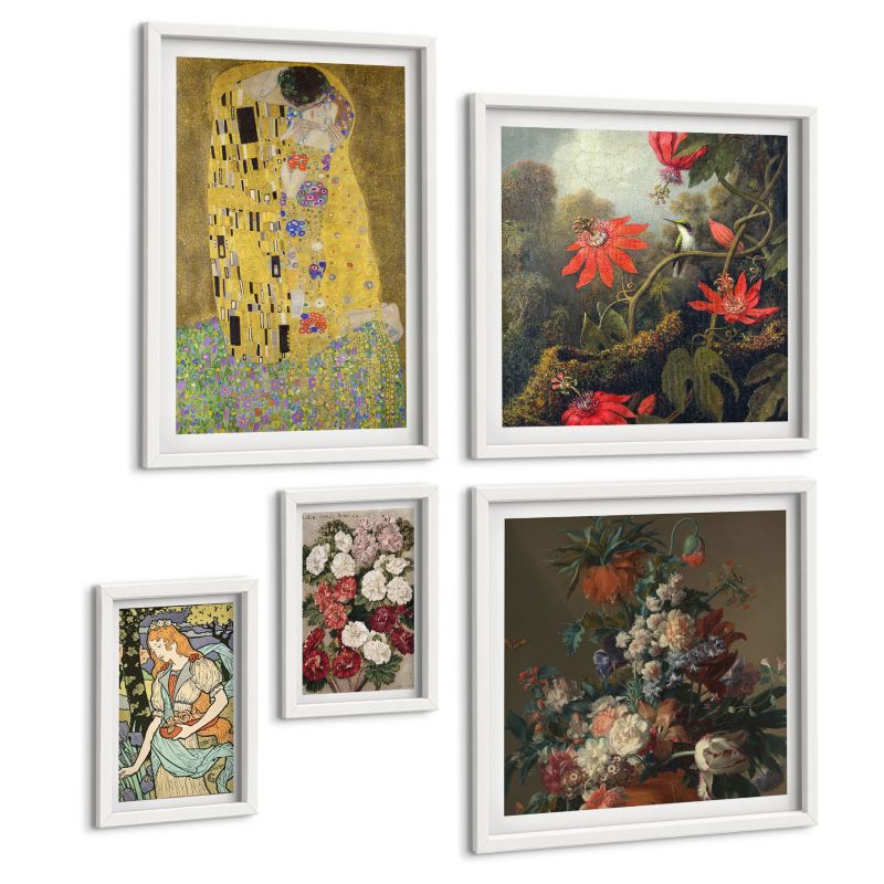 Zestaw 5 Obrazów ArtPrintCave (2x50x50+2x20x30+40x60cm) Biała rama Kwiaty drzewa malarstwo Klimt 1 kpl.