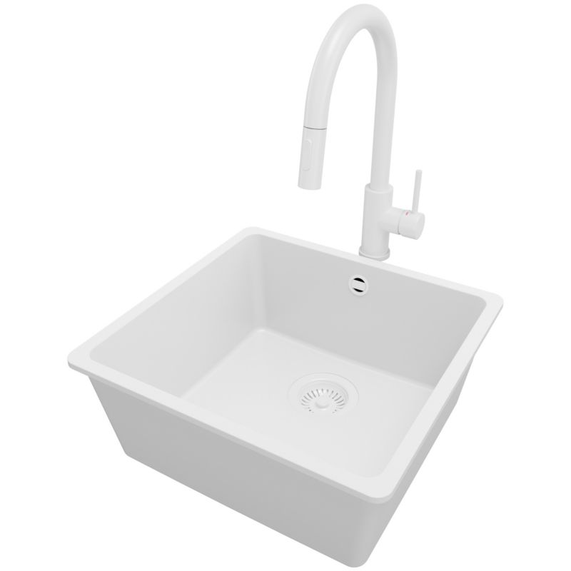 Zlewozmywak Granitowy Wenecja Easy Slim PRIMAGRAN Nablatowy 46x44cm do Szafki od 50cm, Cały Biały + Bateria + Syfon, S048, 1 szt.