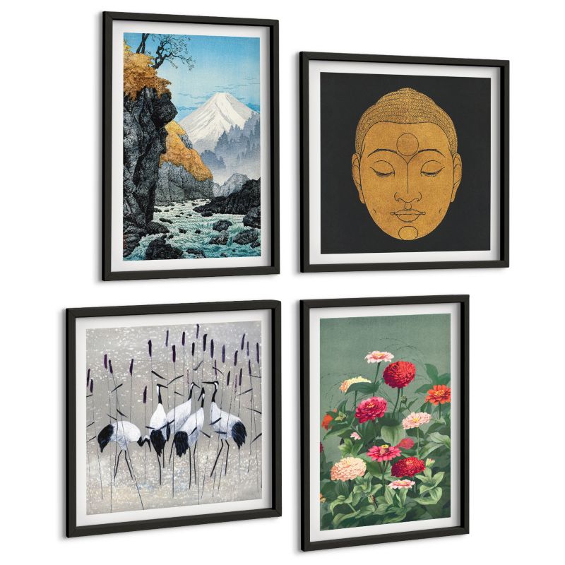 Zestaw Obrazów 4 Częściowy ArtPrintCave (2x50x50+2x40x60cm) Czarna rama Japońska natura i styl japandi 1 kpl.