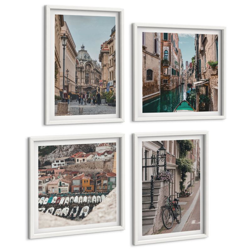 Zestaw 4 Obrazów ArtPrintCave (2x50x50+2x40x60cm) Biała rama Urokliwe uliczki miast porty 1 kpl.