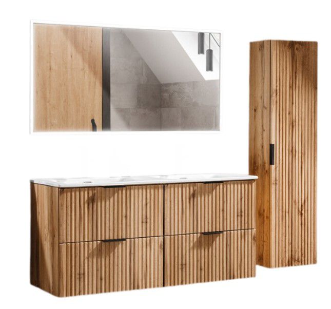 Zestaw mebli łazienkowych 120cm Comad Adel Oak z umywalką SKY szafką wysoką i lustrem LED 1szt