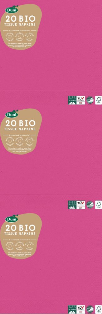 3x Serwetki Duni Tissue, 33x33cm, 3-warstwowe, 240 sztuk (12x20 sztuk), fuksja
