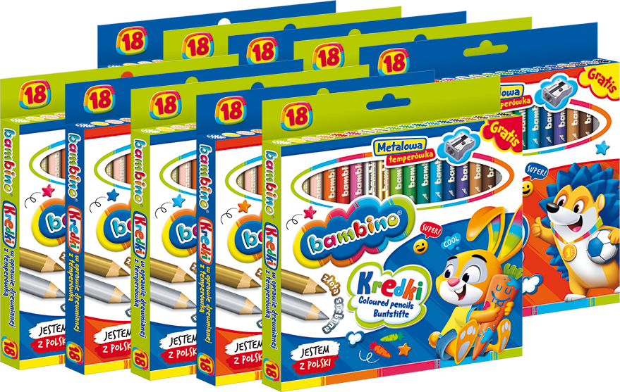 10x Kredki Bambino Zwierzaki Uczniaki, w oprawie drewnianej, 18 sztuk + temperówka, mix kolorów