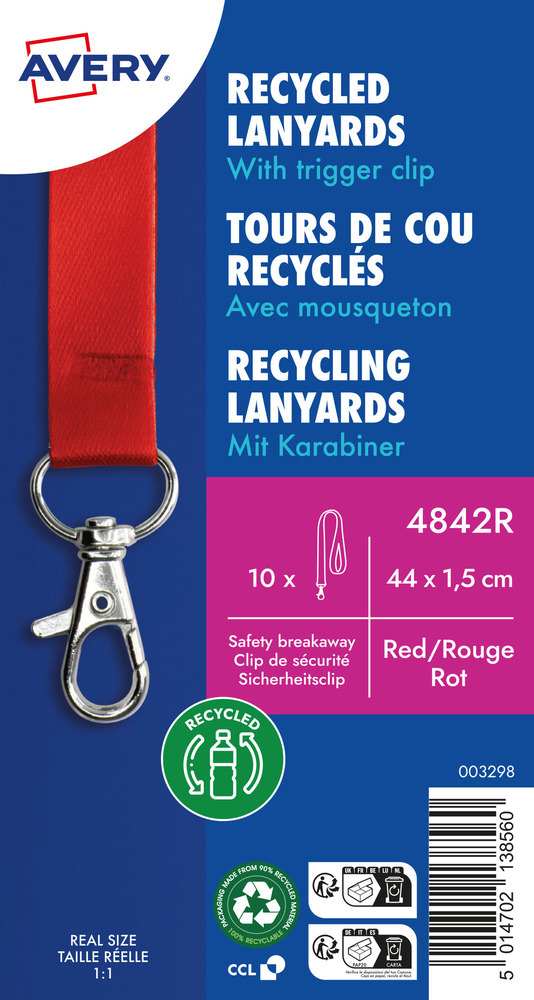 Smycz do identyfikatora Avery Zweckform, PET z recyklingu, 15x440mm, 10 sztuk, czerwony