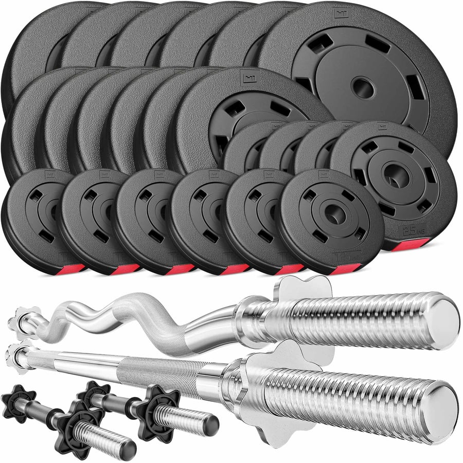 Set d’haltères en plastique 125 kg avec barre de musculation longue, barre Curl EZ et barres courtes