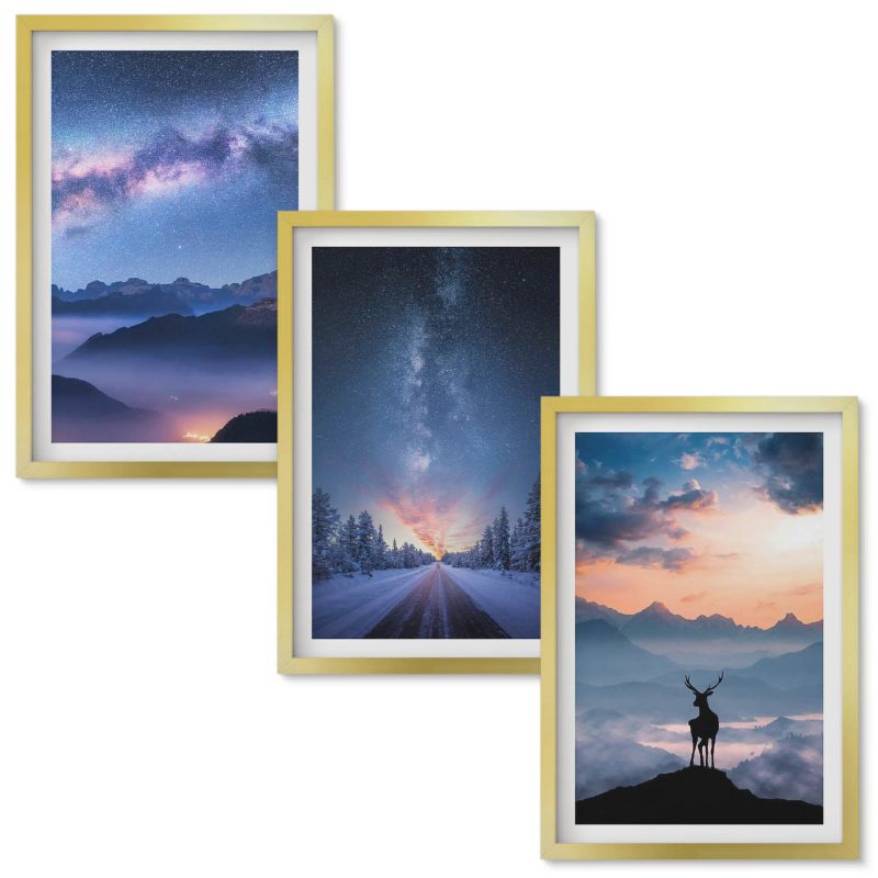 Set Obrazów w Ramie Wallfluent Nocne niebo góry mgła jeleń Złota rama 40x60 cm 3 szt.