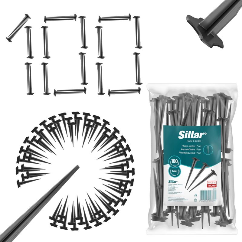 Szpilki do agrotkaniny, Sillar, markiz, siatek, plastikowe, wbijane do ziemi, 17cm, 100szt