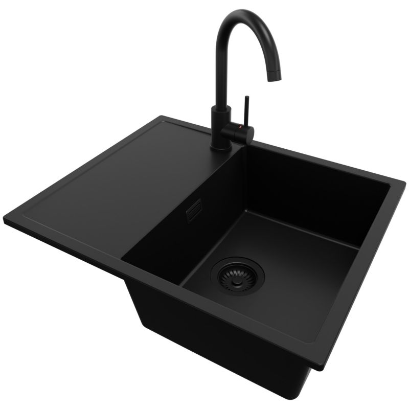 Zlewozmywak Granitowy Ibiza PRIMAGRAN Nablatowy 62x50cm do Szafki od 45cm, Cały Czarny + Bateria 32x20cm + Syfon, S010, 1 szt.