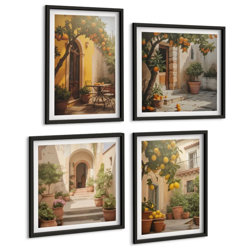 Galeria 4 Obrazów ArtPrintCave (2x50x50+2x40x60cm) Czarna rama Patio z drzewami cytrusowymi 1 kpl.