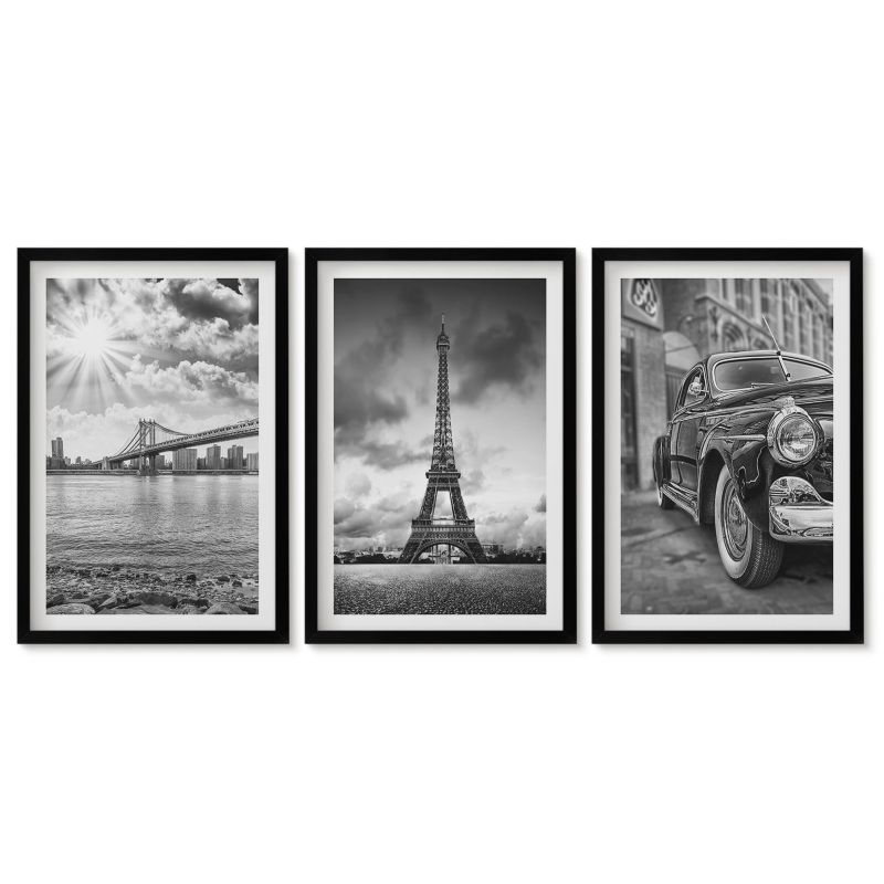 Trzy obrazy w czarnej ramie zestaw Tulup 40x60 cm Widoki miasta mosty wieża Eiffla Obrazy w czarnej ramie 1 kpl